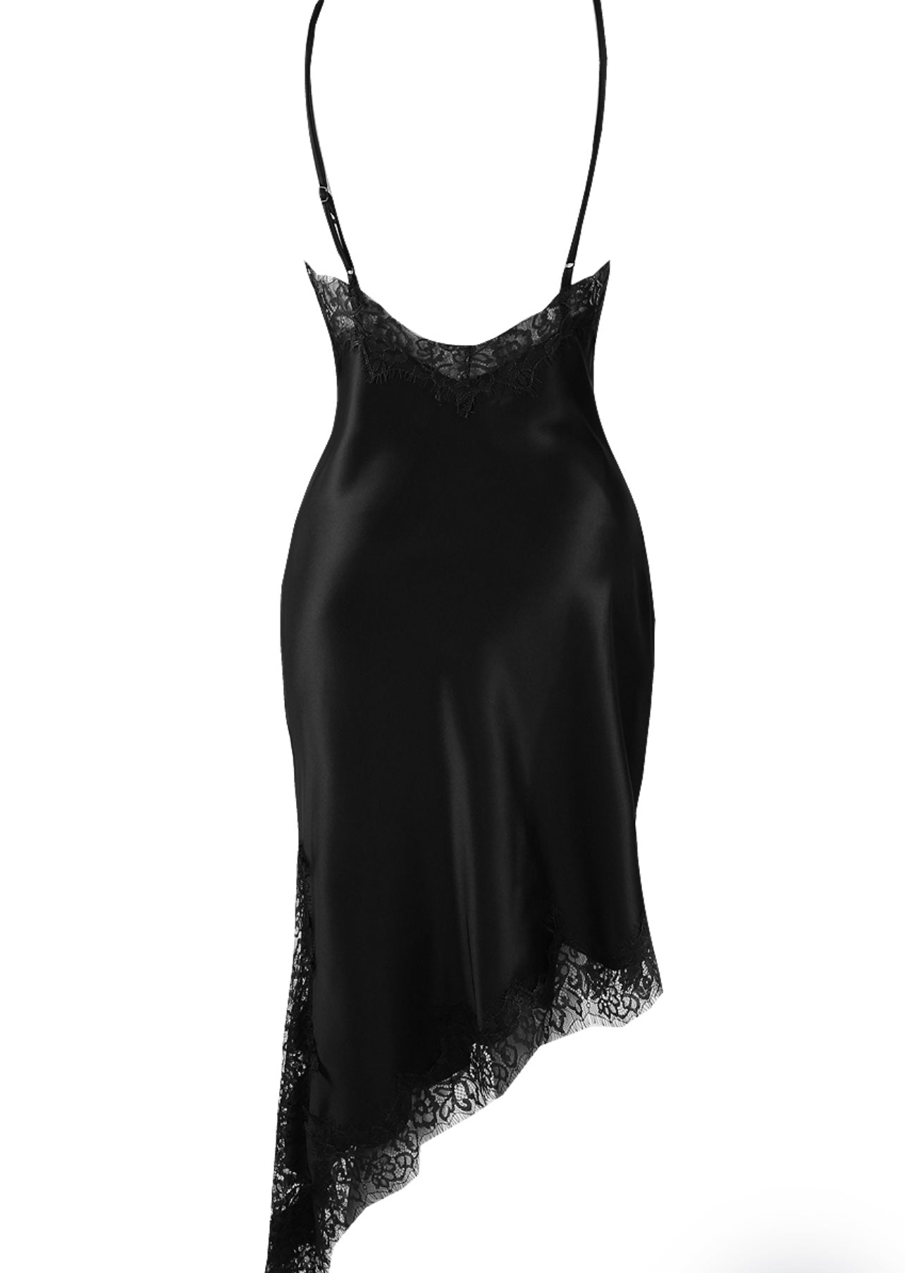 Black Satin Lace Asymmetric Hem Dress
