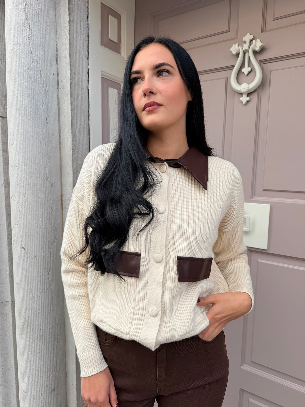 Knitted Jumper With Brown Leather Collar And Pocket Detail