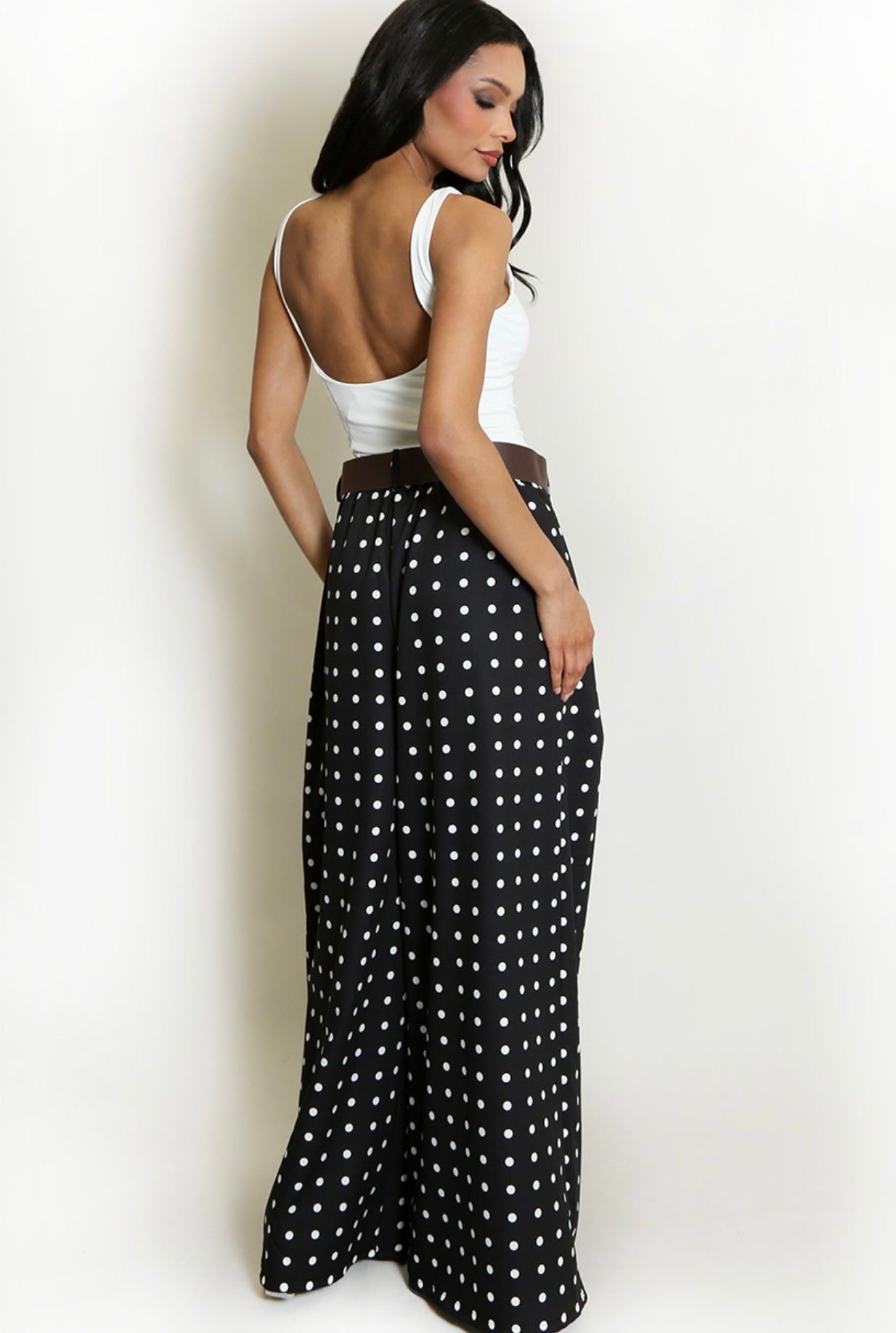 Black Polka Dots Wide Leg Belted Trousers