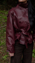Burgundy High Neck Belted Pu Jacket