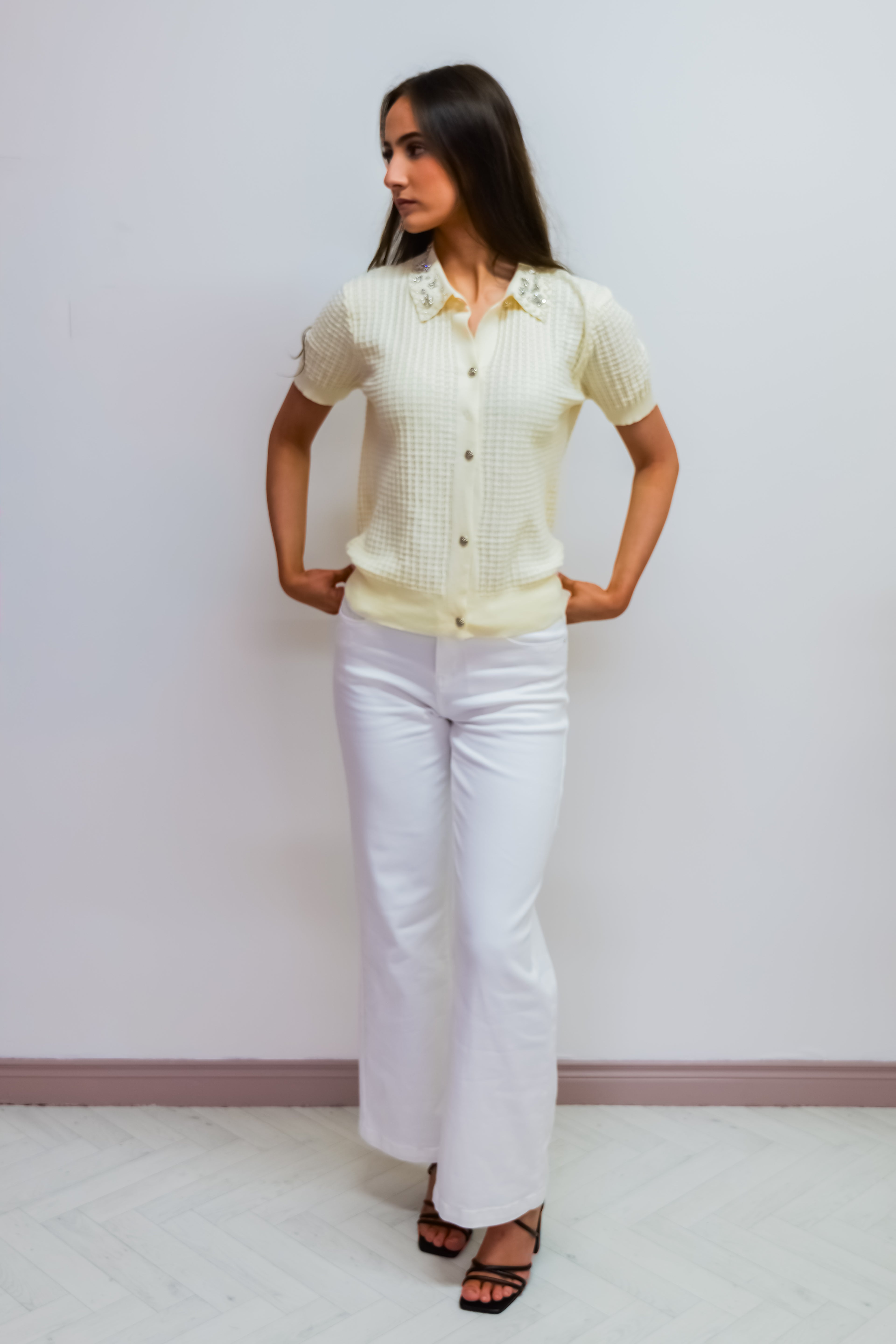 Cream Embellished Collar Knit Top