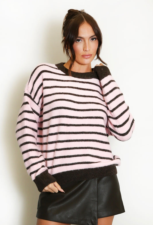 Pink Contrast Collar Striped Jumper