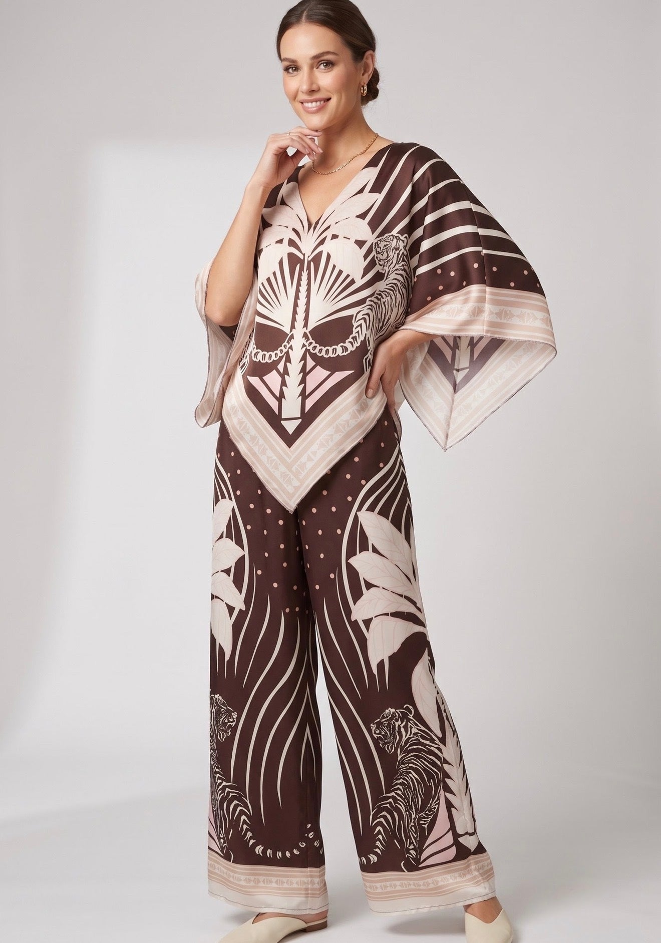 Brown Floral Print Tunic and Trouser Set