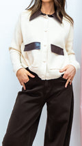 Knitted Jumper With Brown Leather Collar And Pocket Detail