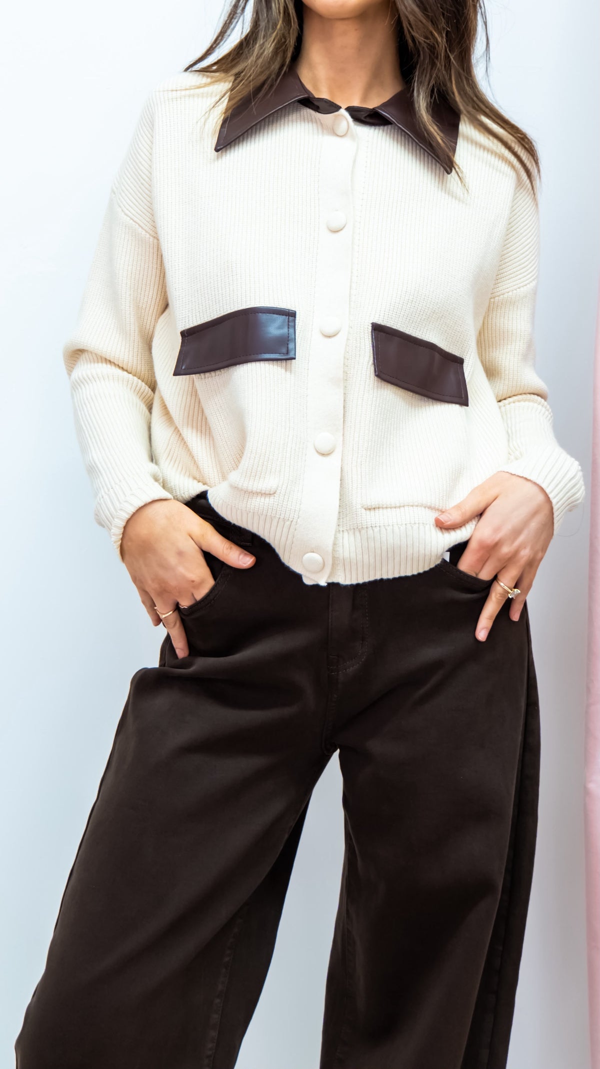 Knitted Jumper With Brown Leather Collar And Pocket Detail