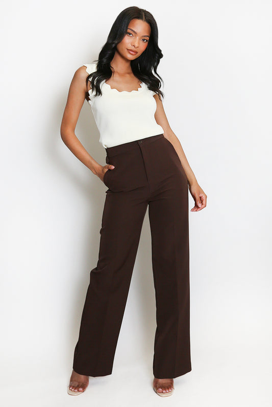 Brown High Waisted Tailored Straight Leg Trousers