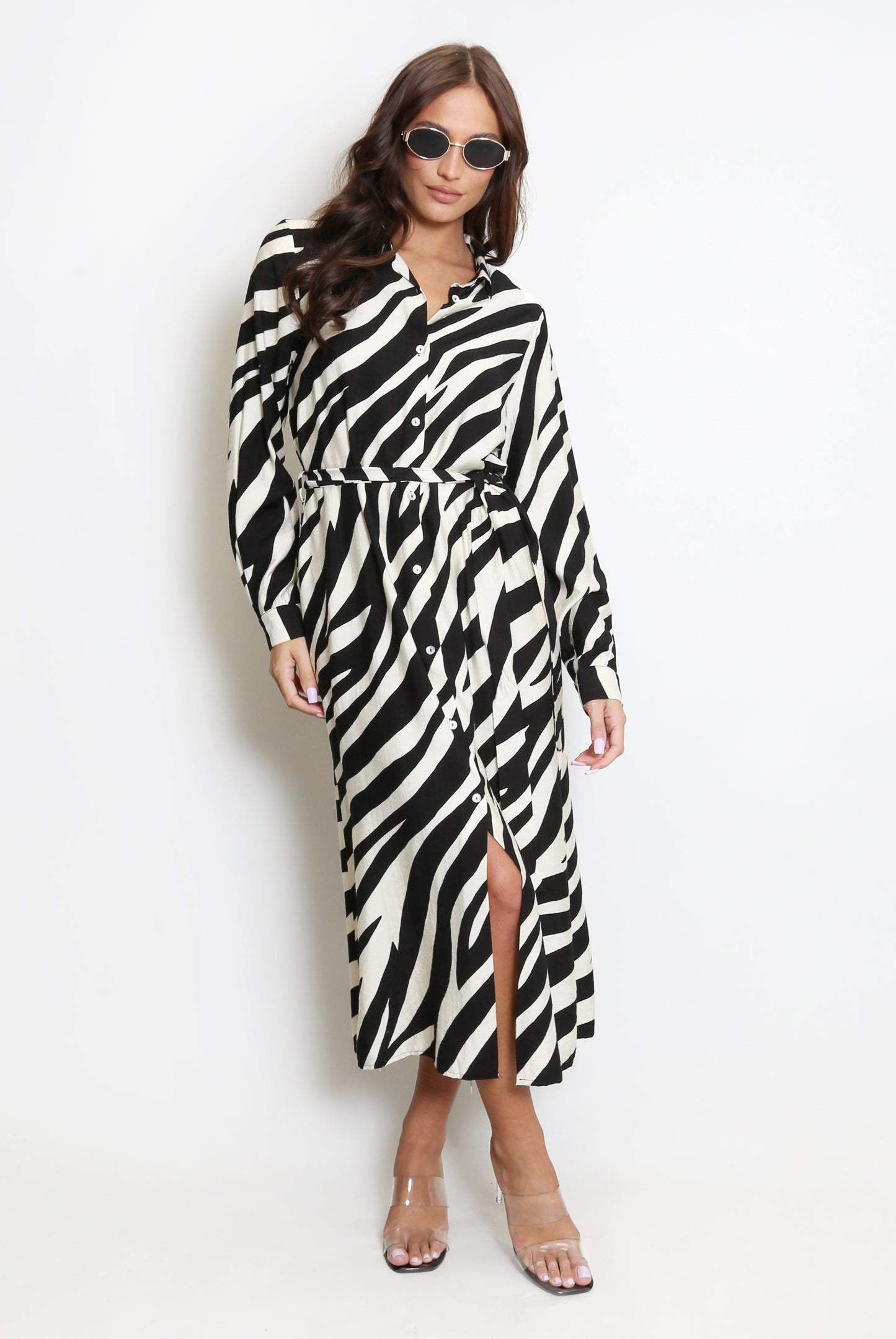 Black Zebra Print Belted Shirt Dress