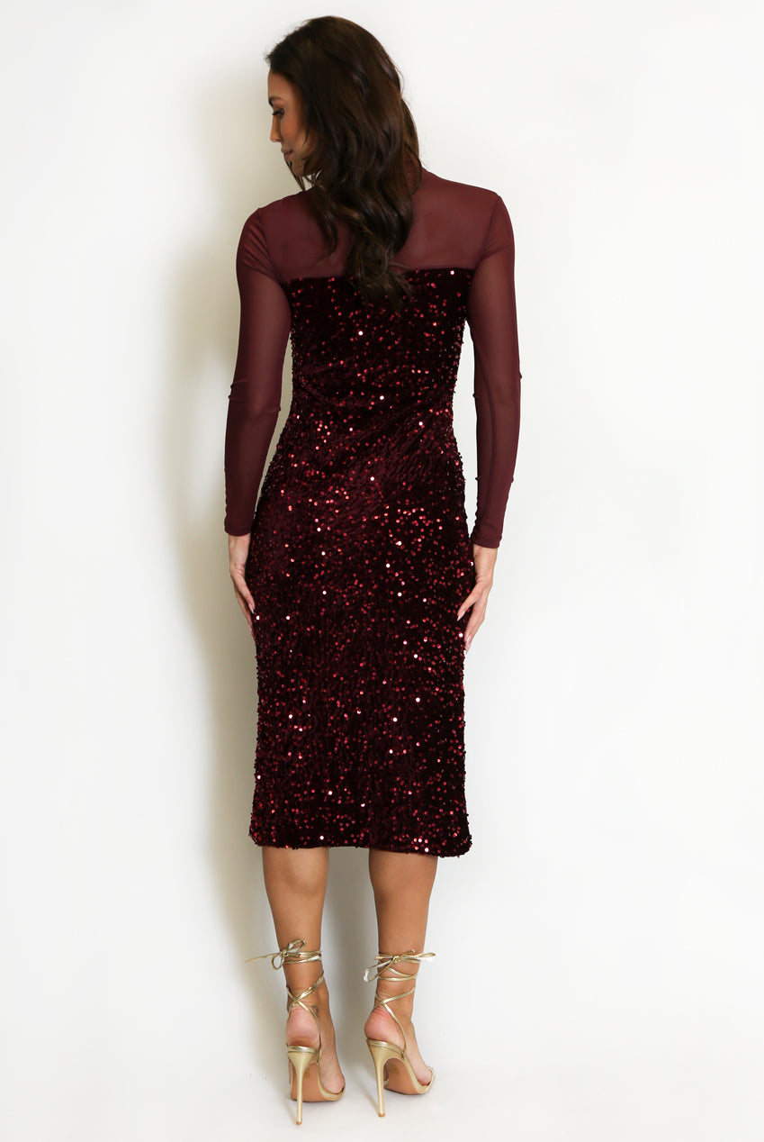 Burgundy Mesh Sleeve Sweetheart Sequin Dress
