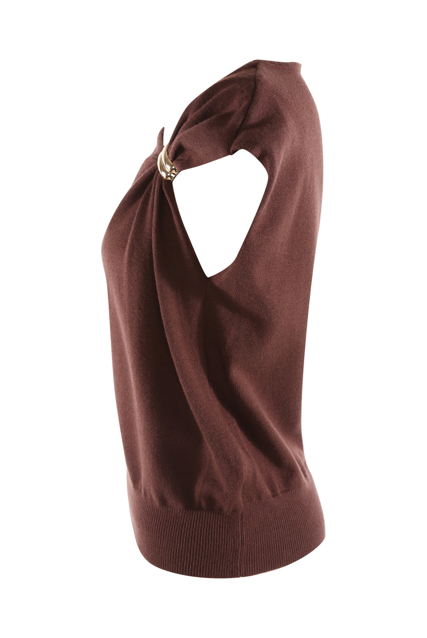 Brown Fine Knit Cap Sleeve Top