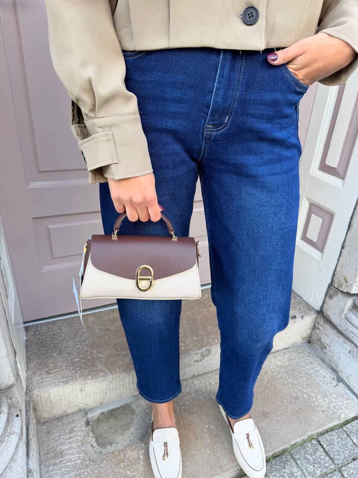Two Tone Gold Buckle Detail Handbag