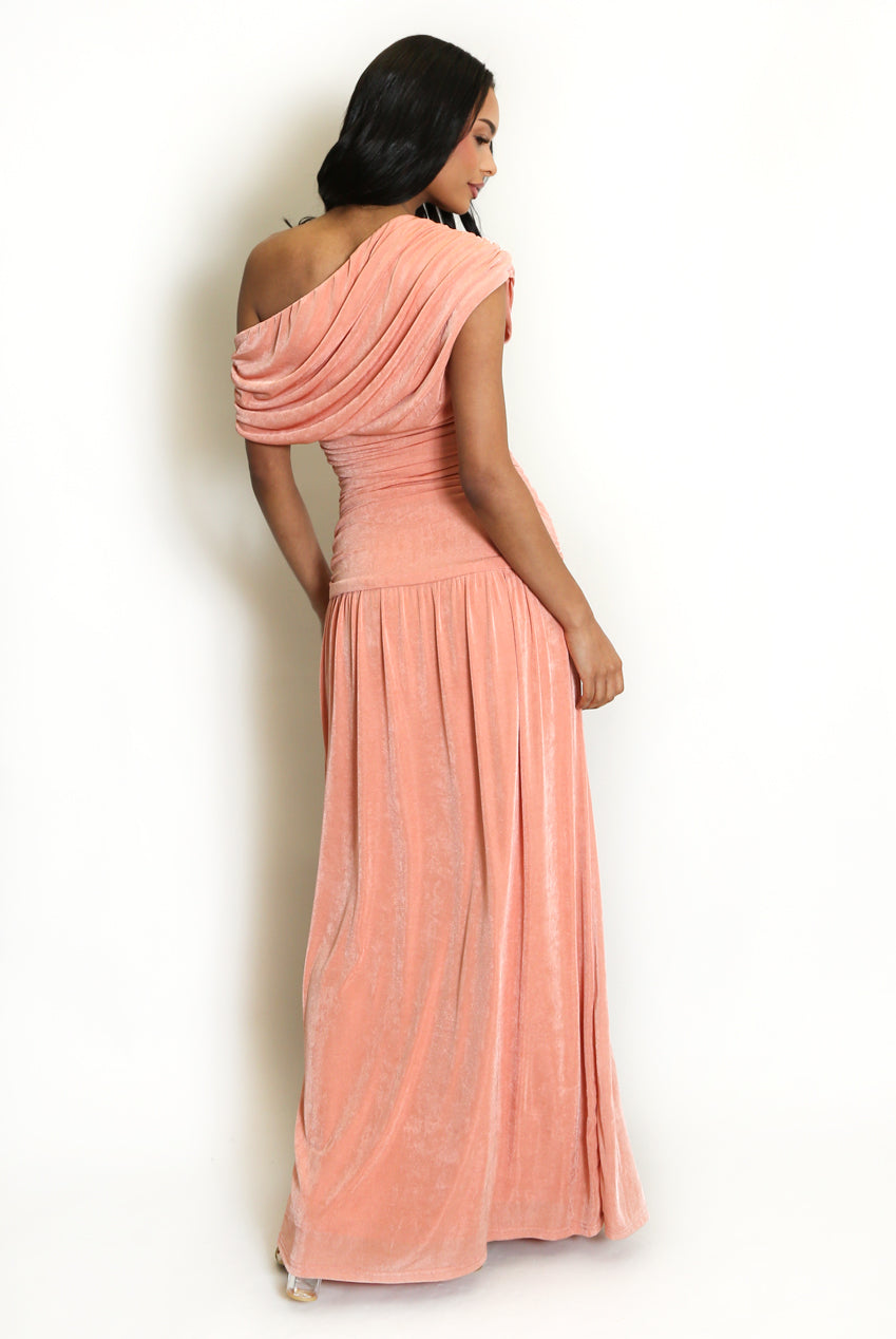 Orange Drape Bardot Ruched Maxi Dress