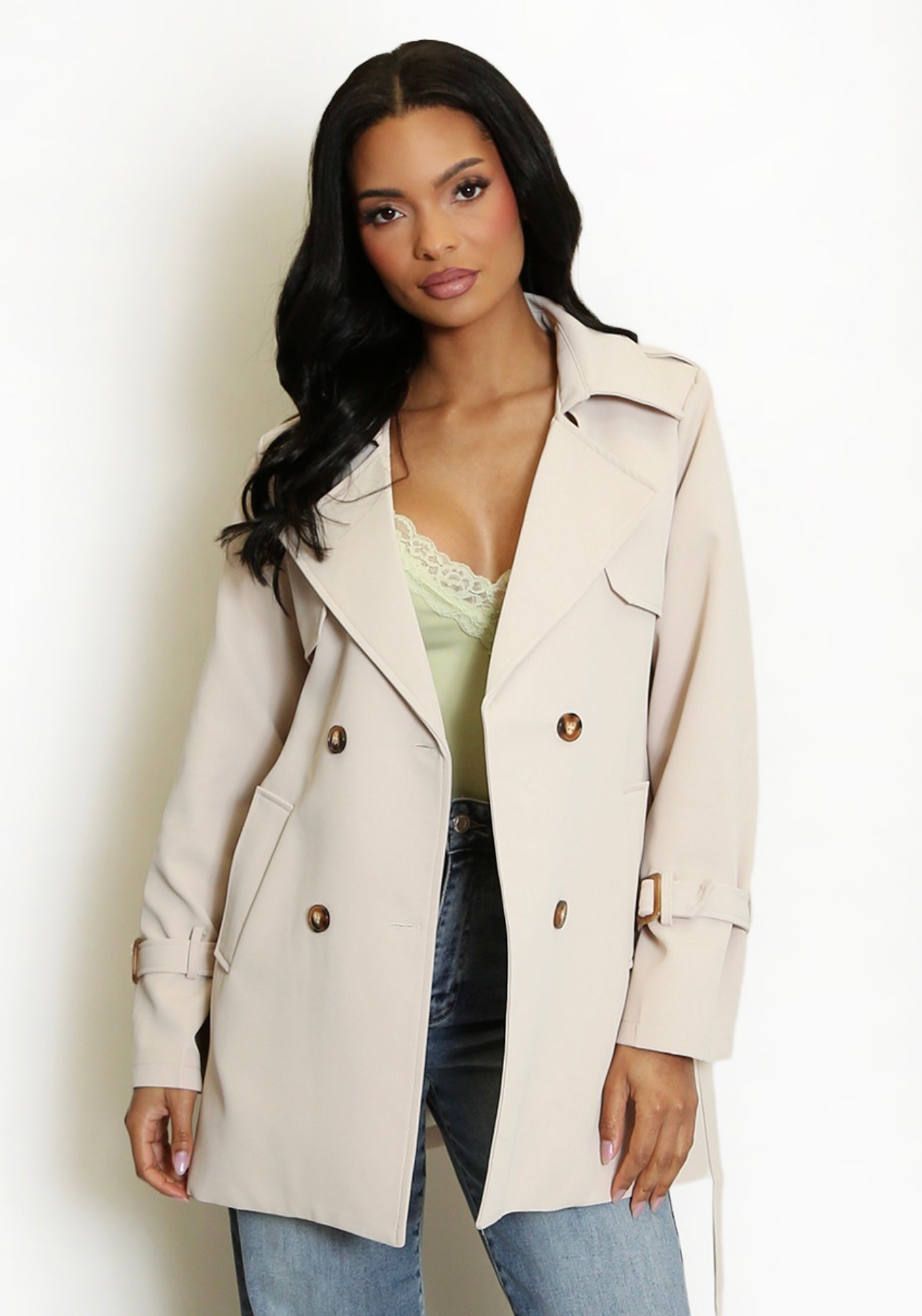 Beige Short Trench Coat with Belt