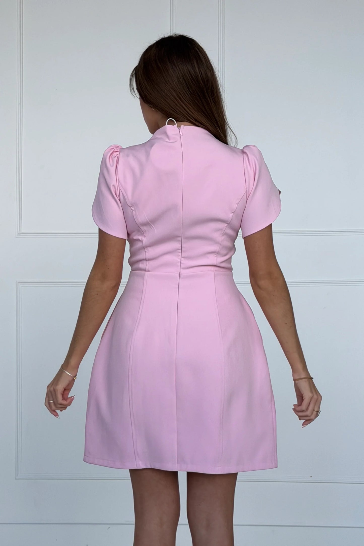 Pink Ami Tulip Sleeve High Neck Mini Dress