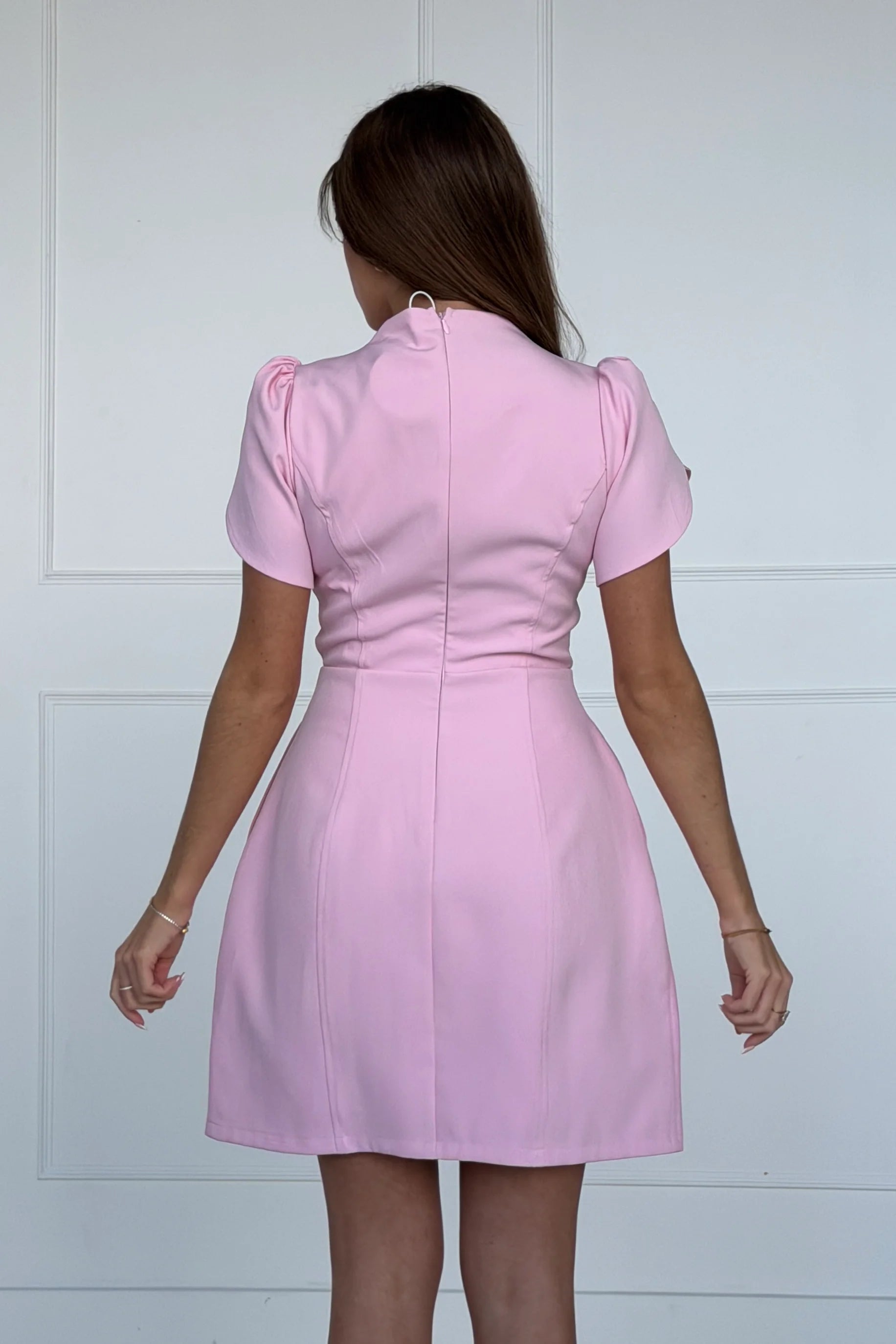 Pink Ami Tulip Sleeve High Neck Mini Dress