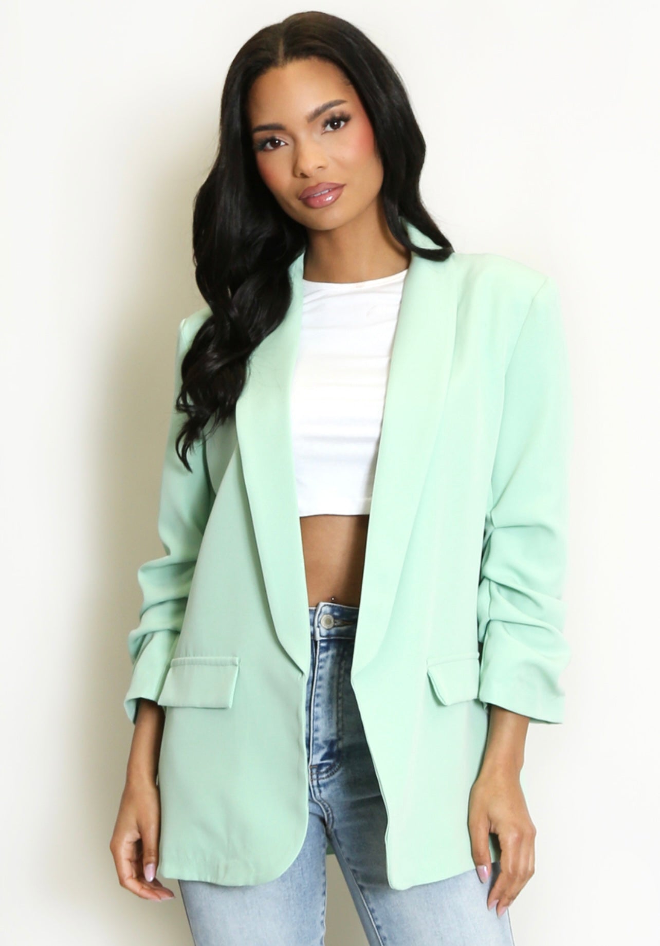 Green Open Blazer with Ruched Sleeves