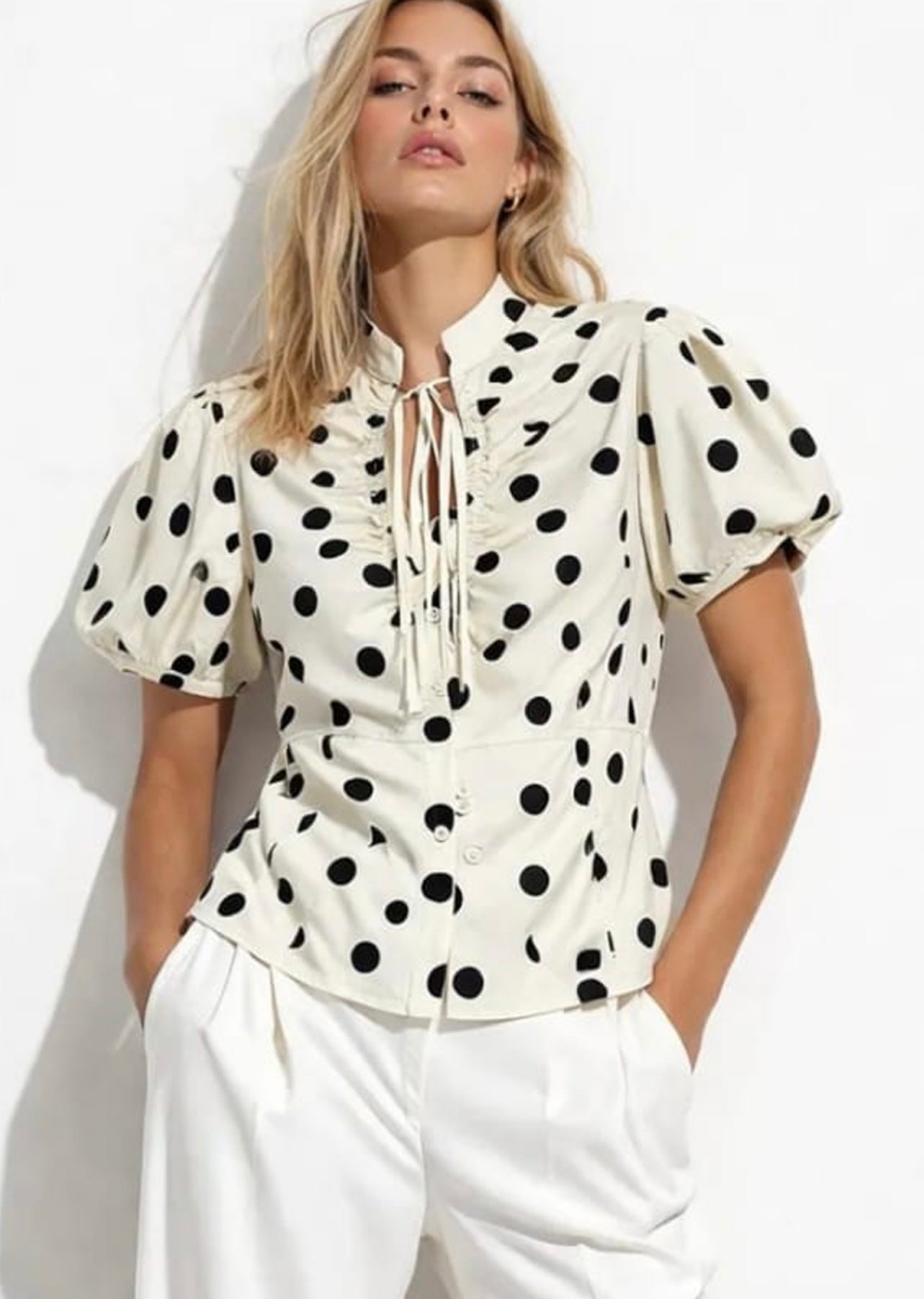 Cream Polka Dots Front Knot Blouse