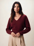 Burgundy V Neck Bat Wing Knit Jumper