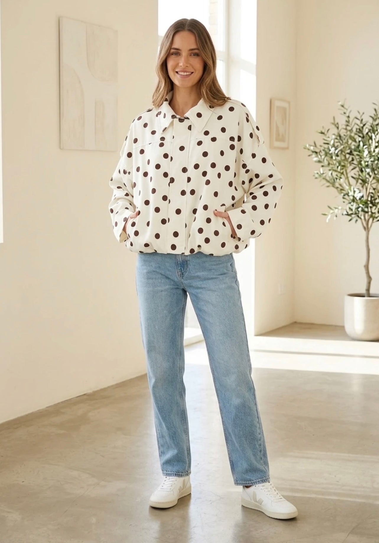 White Polka Dot Bubble Hem Jacket