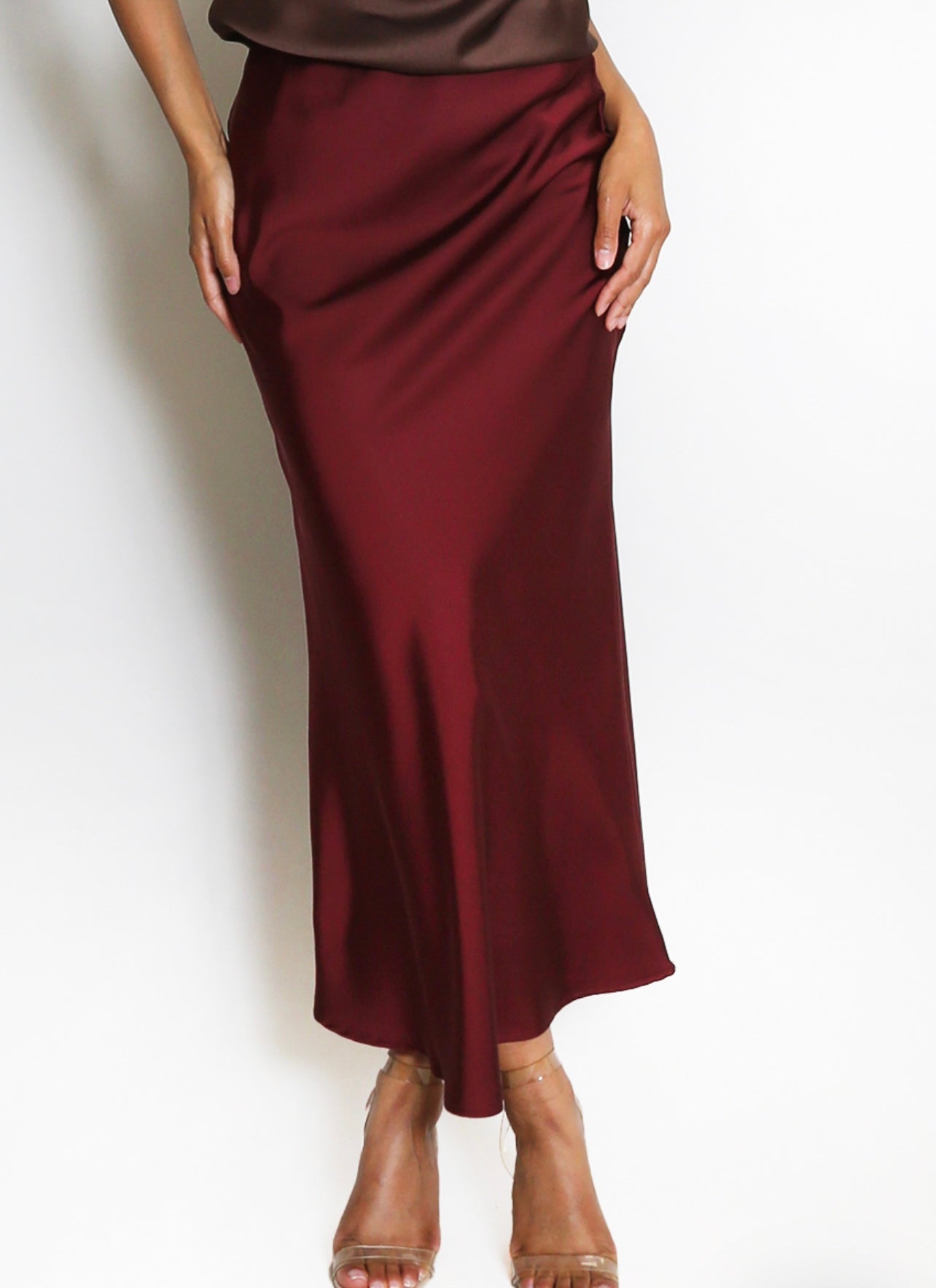 Wine Satin Bias Cut Flowing Maxi Skirt