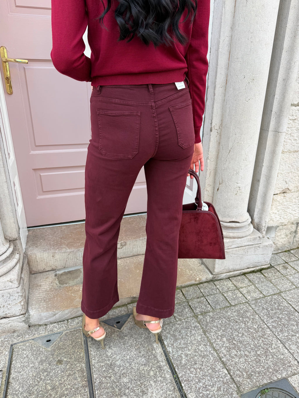 Burgundy Denim High Waist Flare Jeans