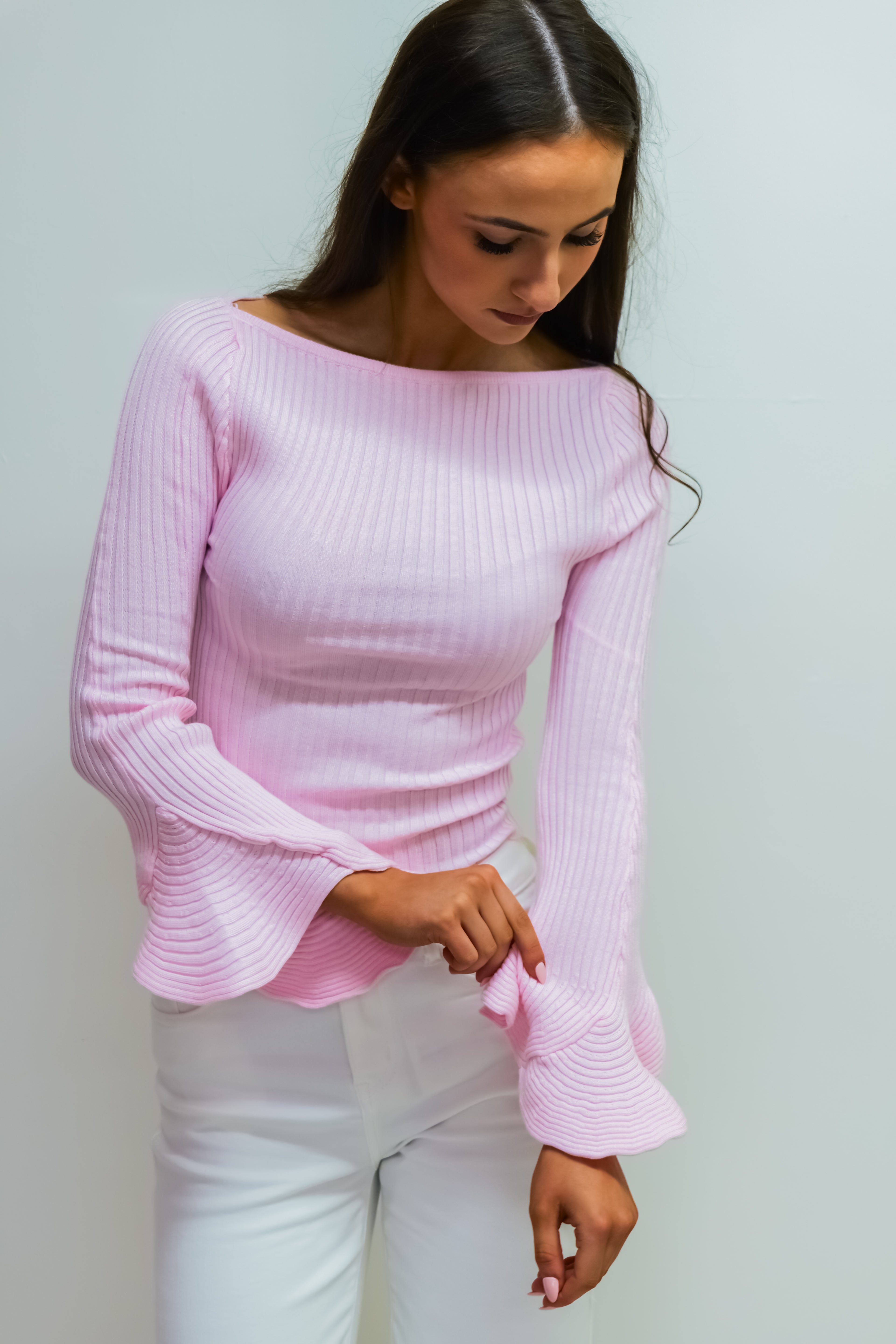 Baby Pink Ribbed Flare Sleeve Knit
