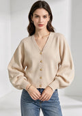 Beige Balloon Sleeve V-Neck Cardigan