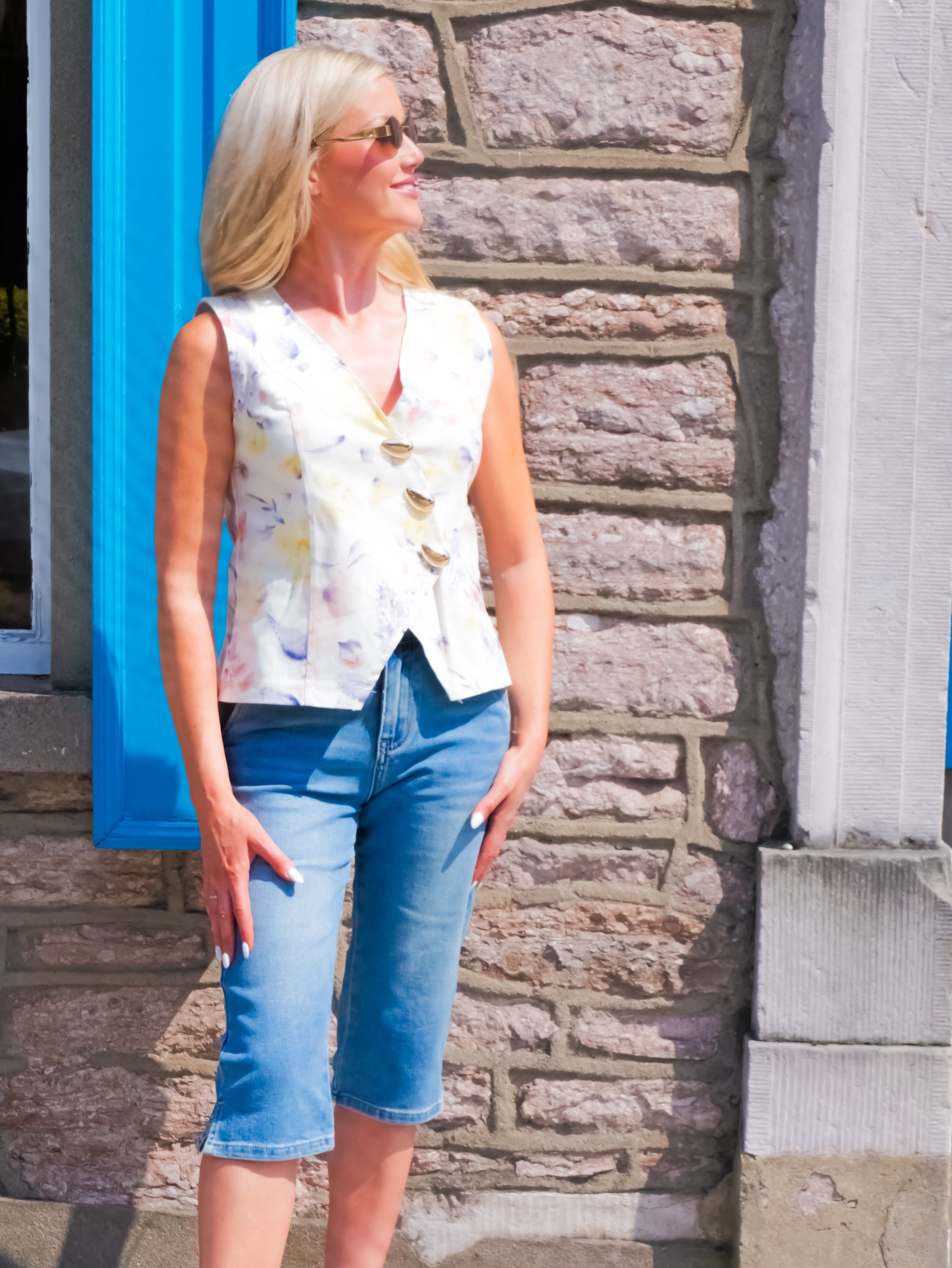 Floral Denim Gold Button Waistcoat