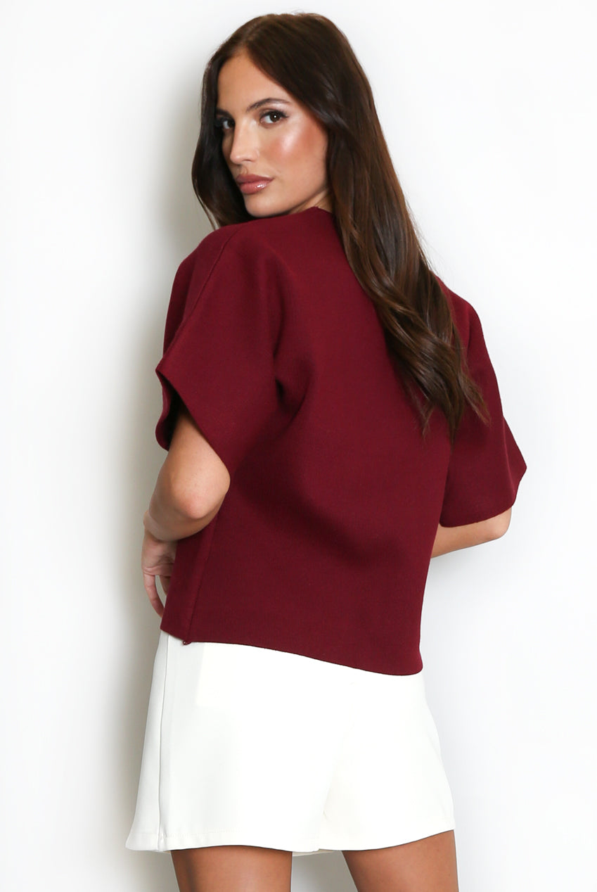 Wine Fine Knit Short Sleeve Cardigan