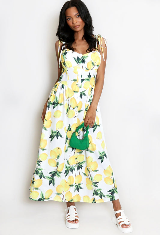 Lemon Summer Print Button Front Midi Dress
