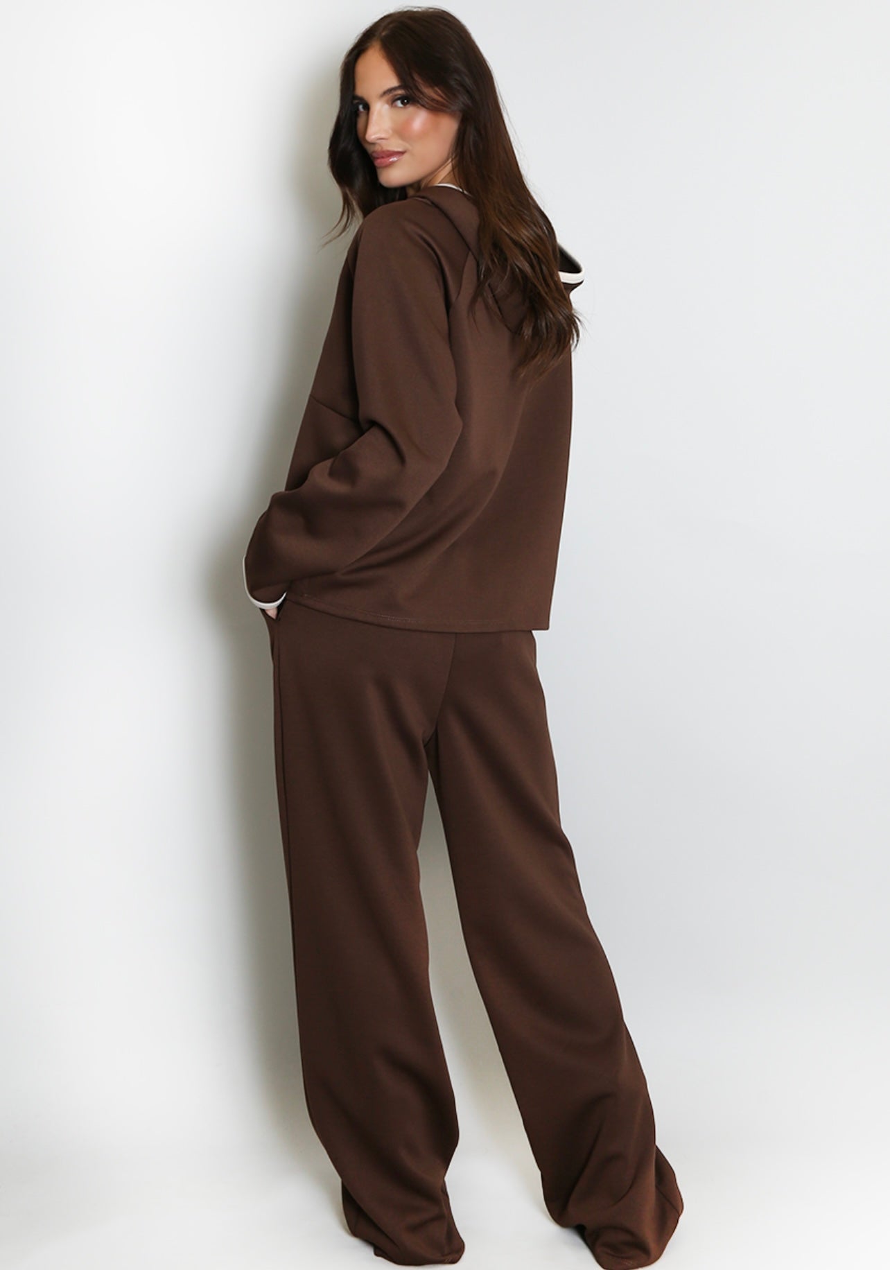 Brown Contrast Piping Hooded Sweatshirt And Jogger Set