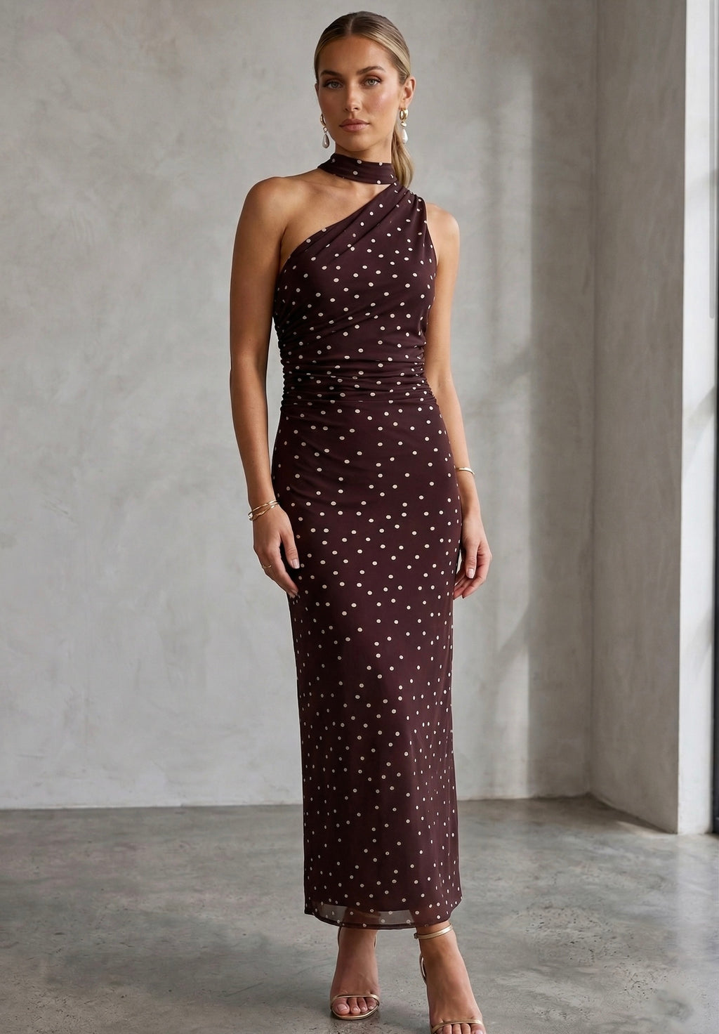 Brown Polka Dots One Shoulder Midi Dress