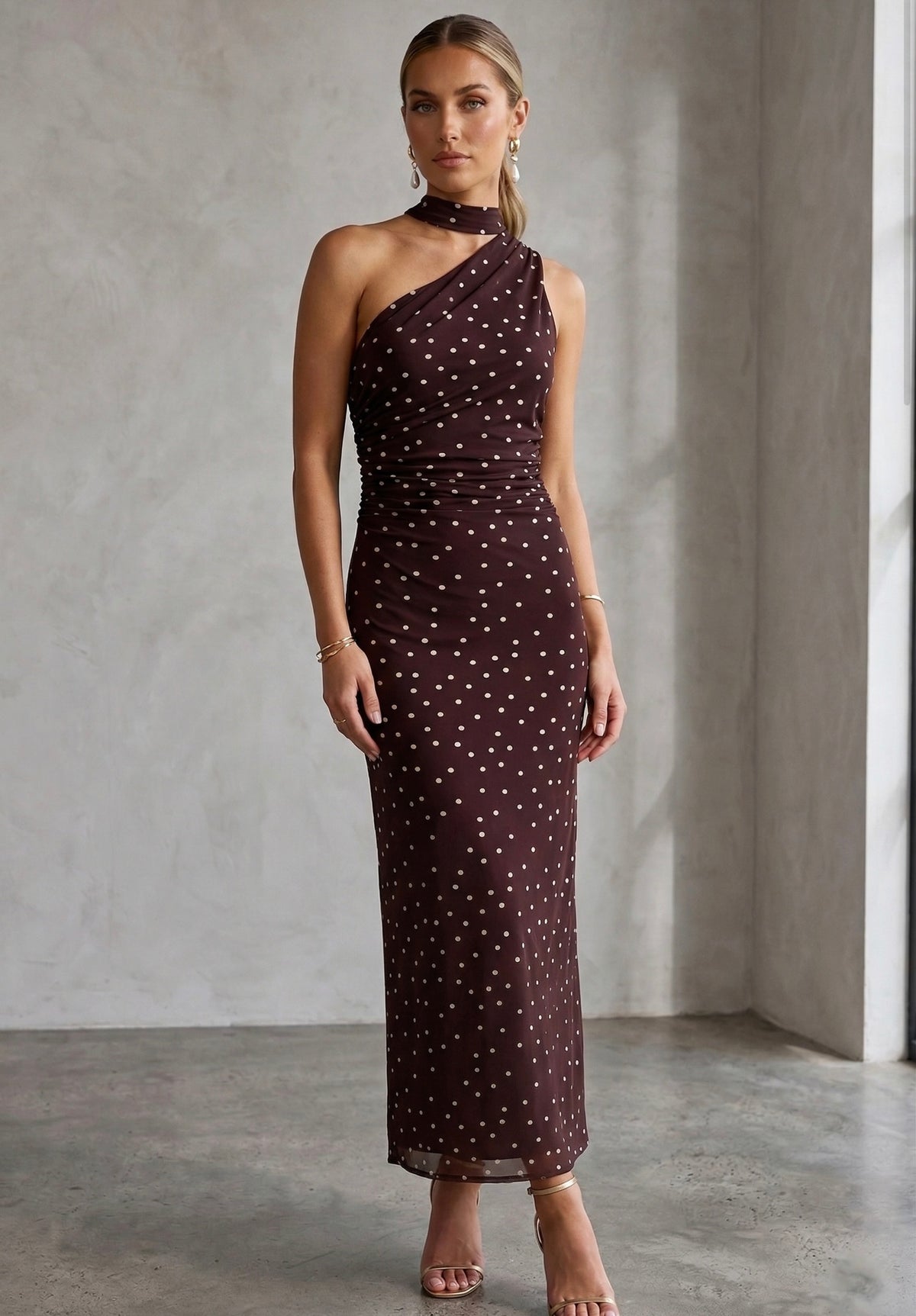 strapless open back dress Brown Polka Dots One Shoulder Midi Dress – BLUSH CLOTHING