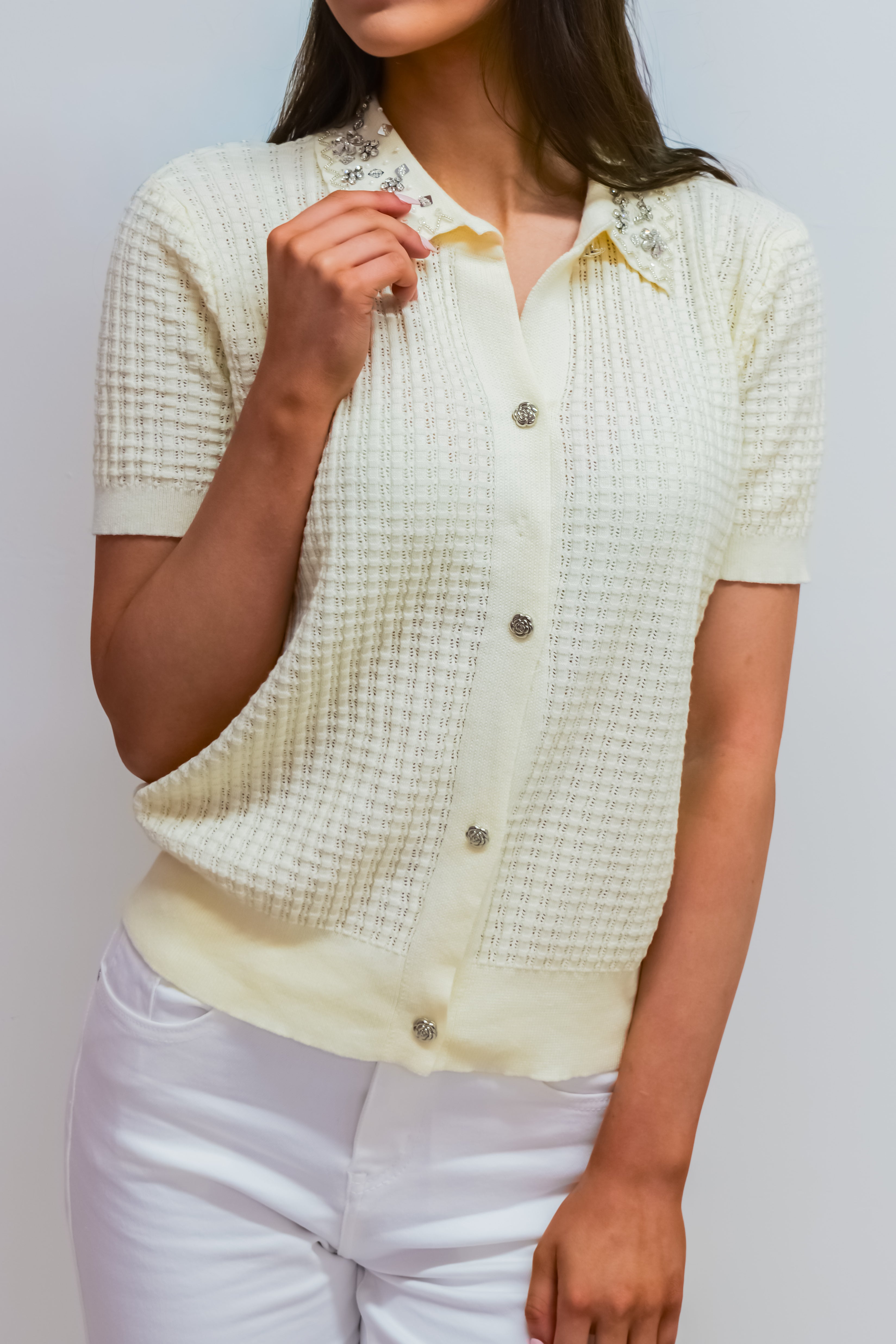 Cream Embellished Collar Knit Top