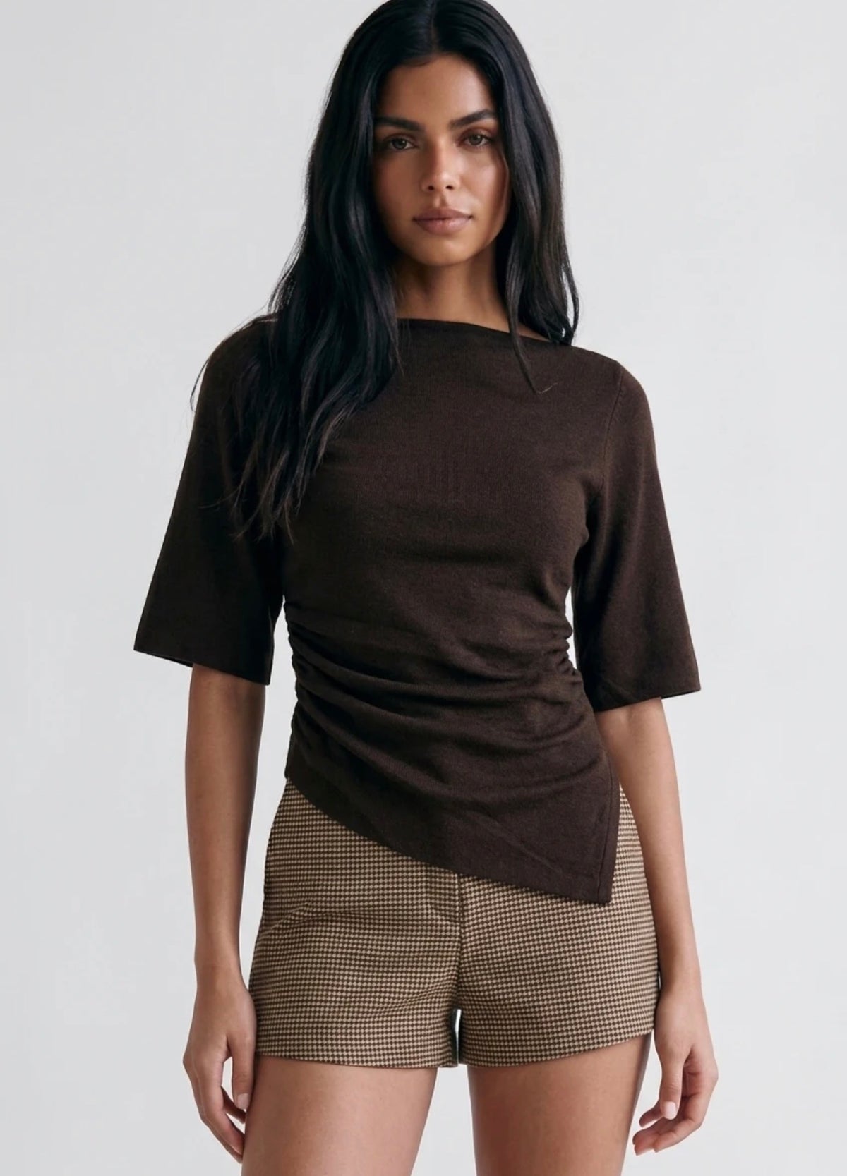 Fine Knit Short Sleeve Ruched Top