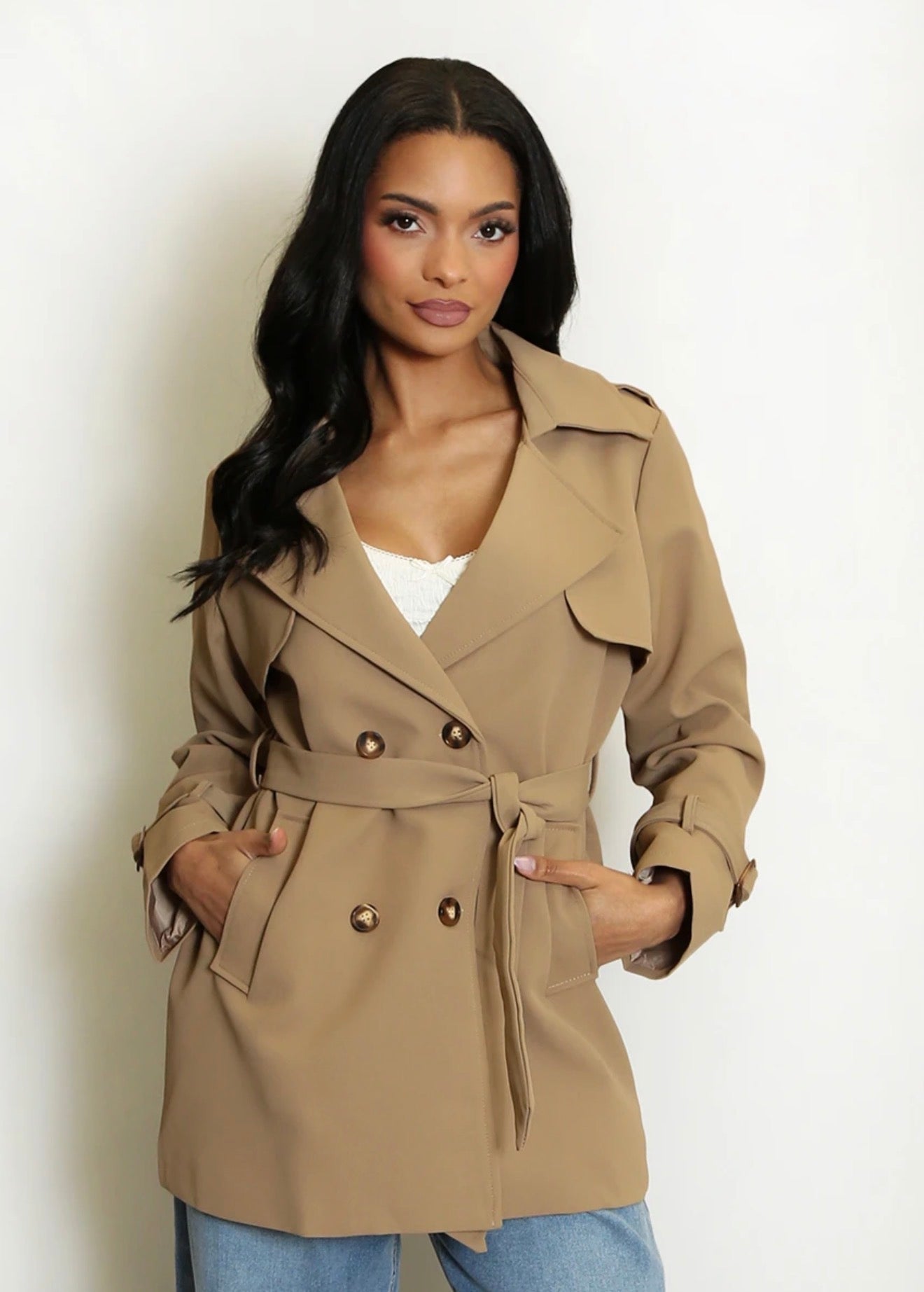 Camel Short Trench Coat With Belt