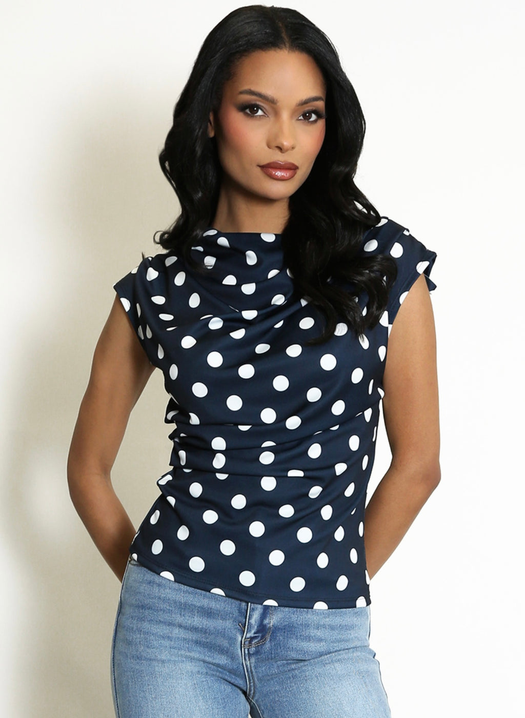 Navy Polka Dots Ruched Blouse