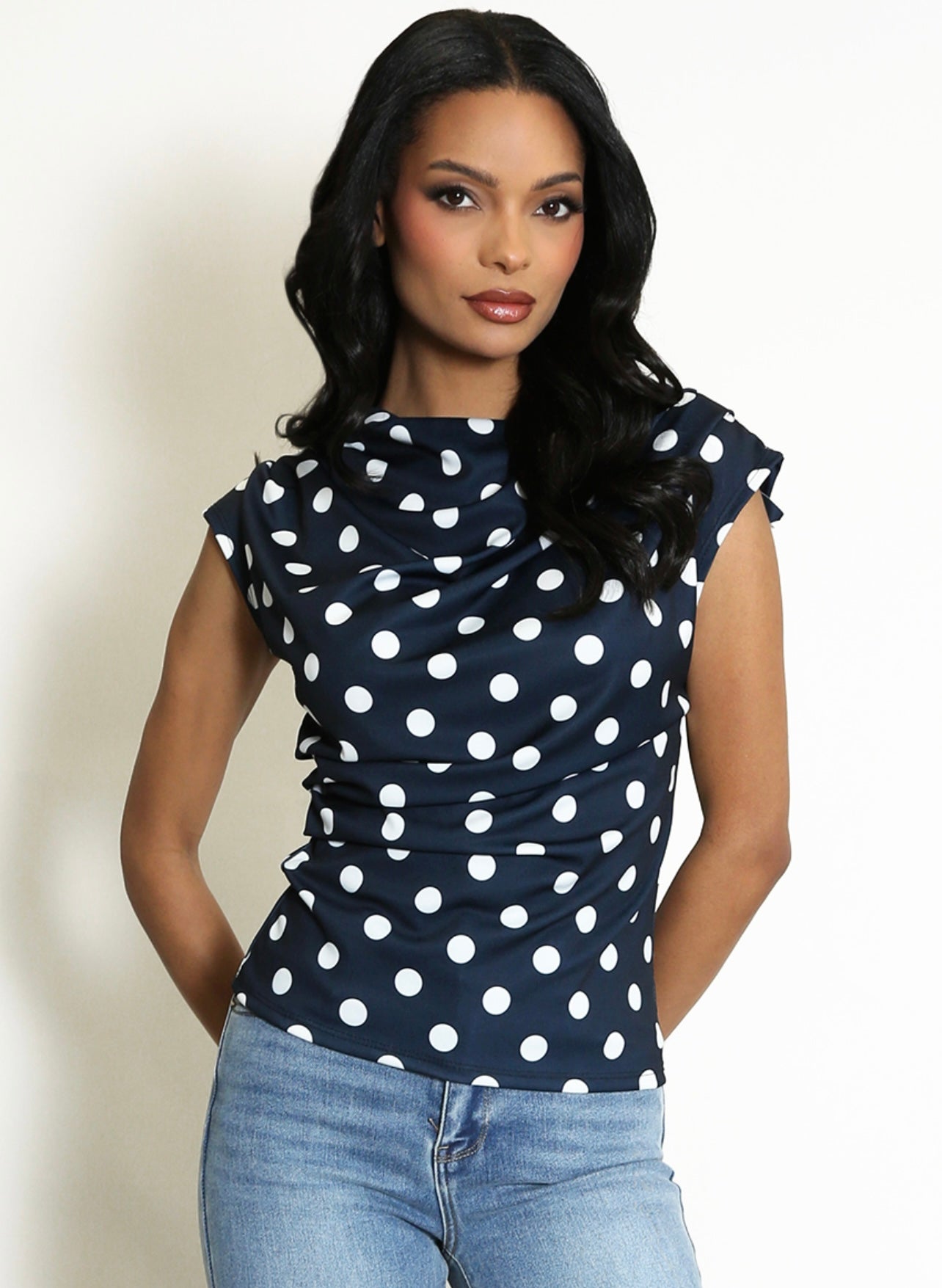 Navy Polka Dots Ruched Blouse