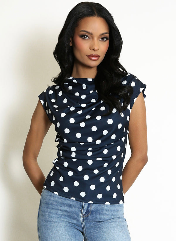 Navy Polka Dots Ruched Blouse
