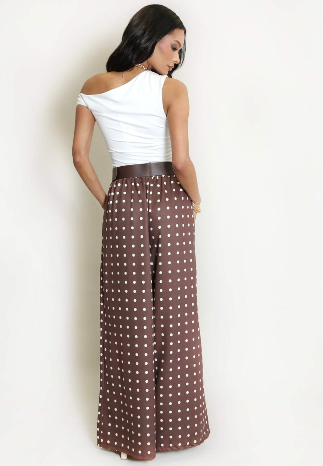 Brown Polka Dots Wide Leg Belted Trousers