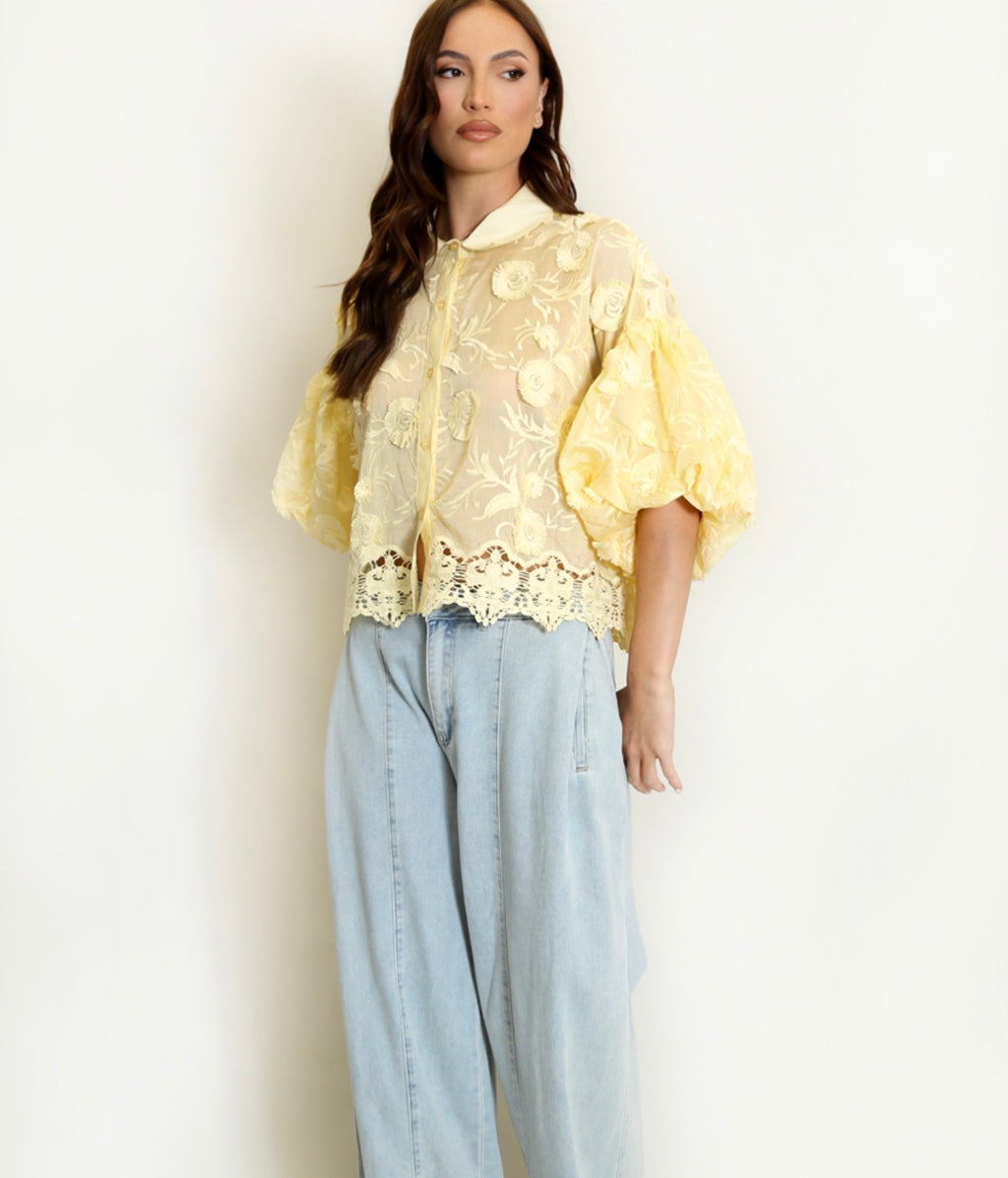 Lemon Lace Embroidered Puff Sleeve Blouse