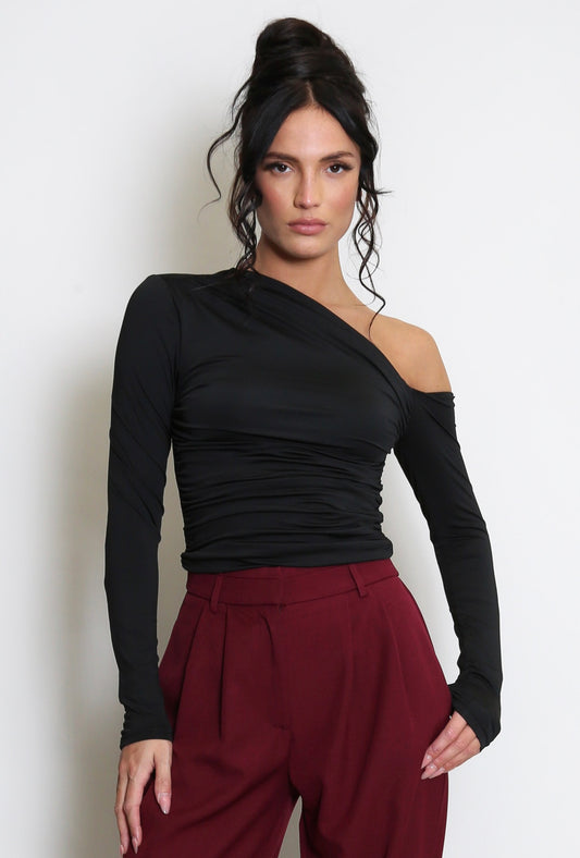 Black Long Sleeve Crop Top With Asymmetric Neckline