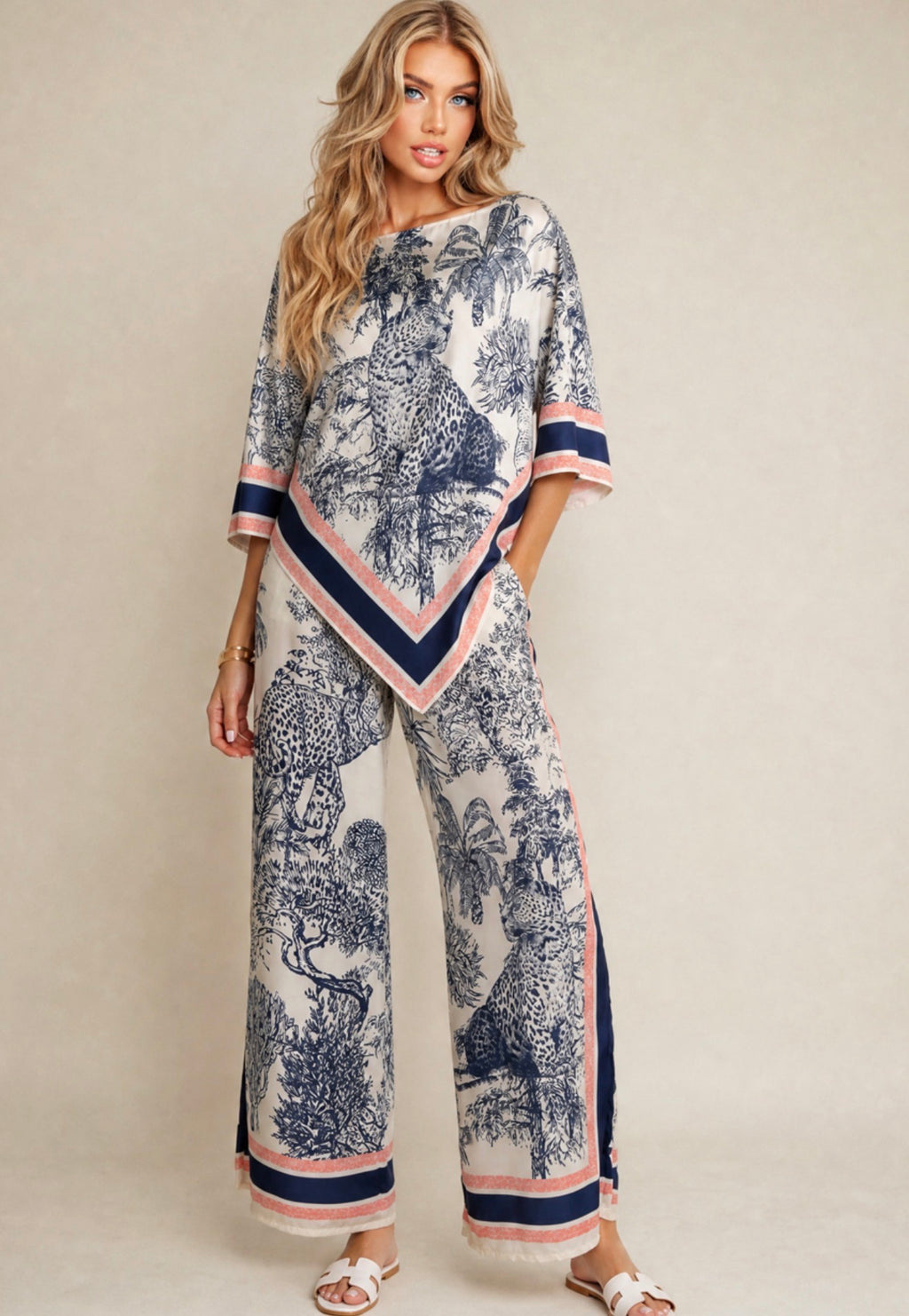 Navy Leopard Print Tunic and Trouser Set