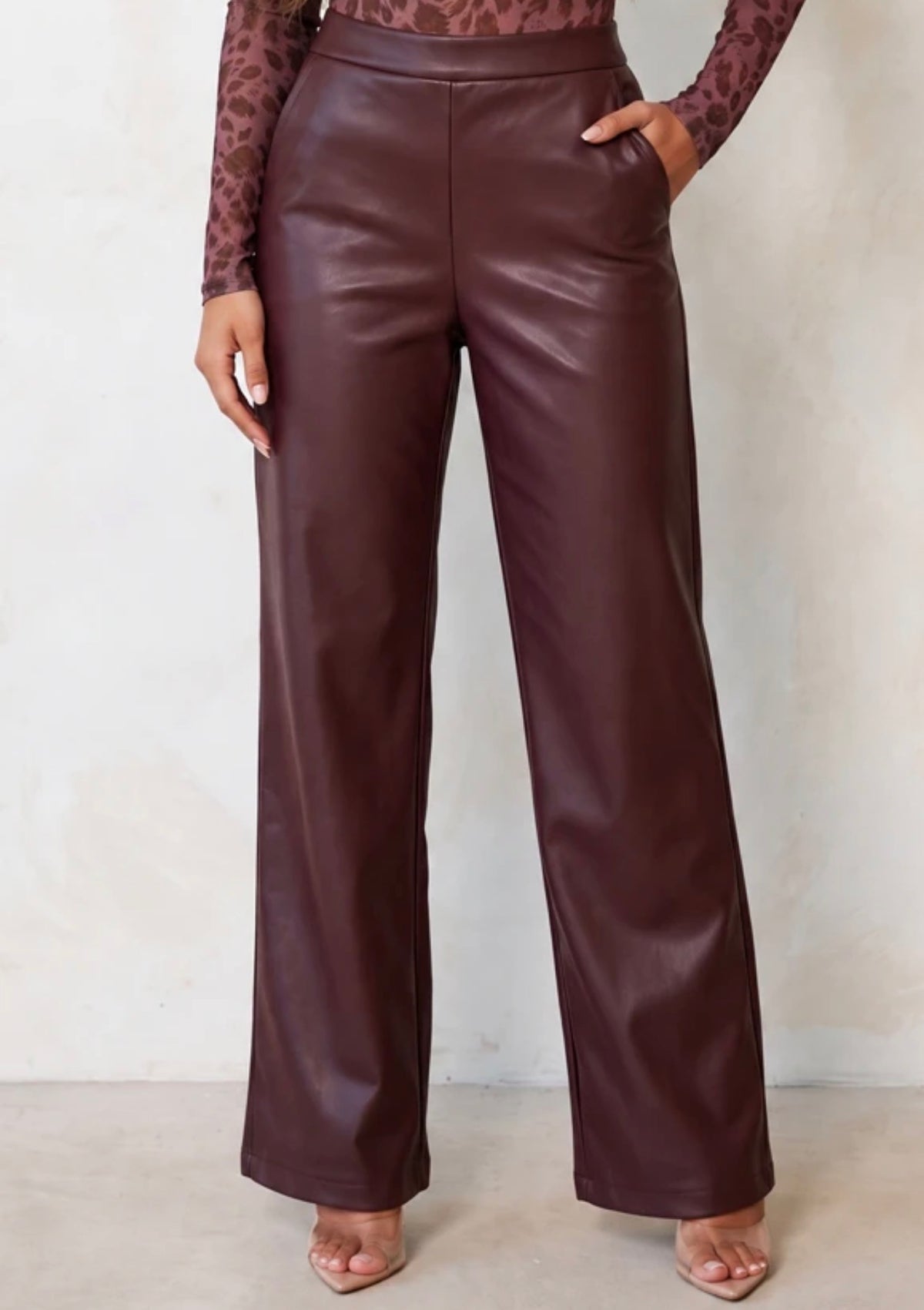 Burgundy Leather Straight Leg Trousers