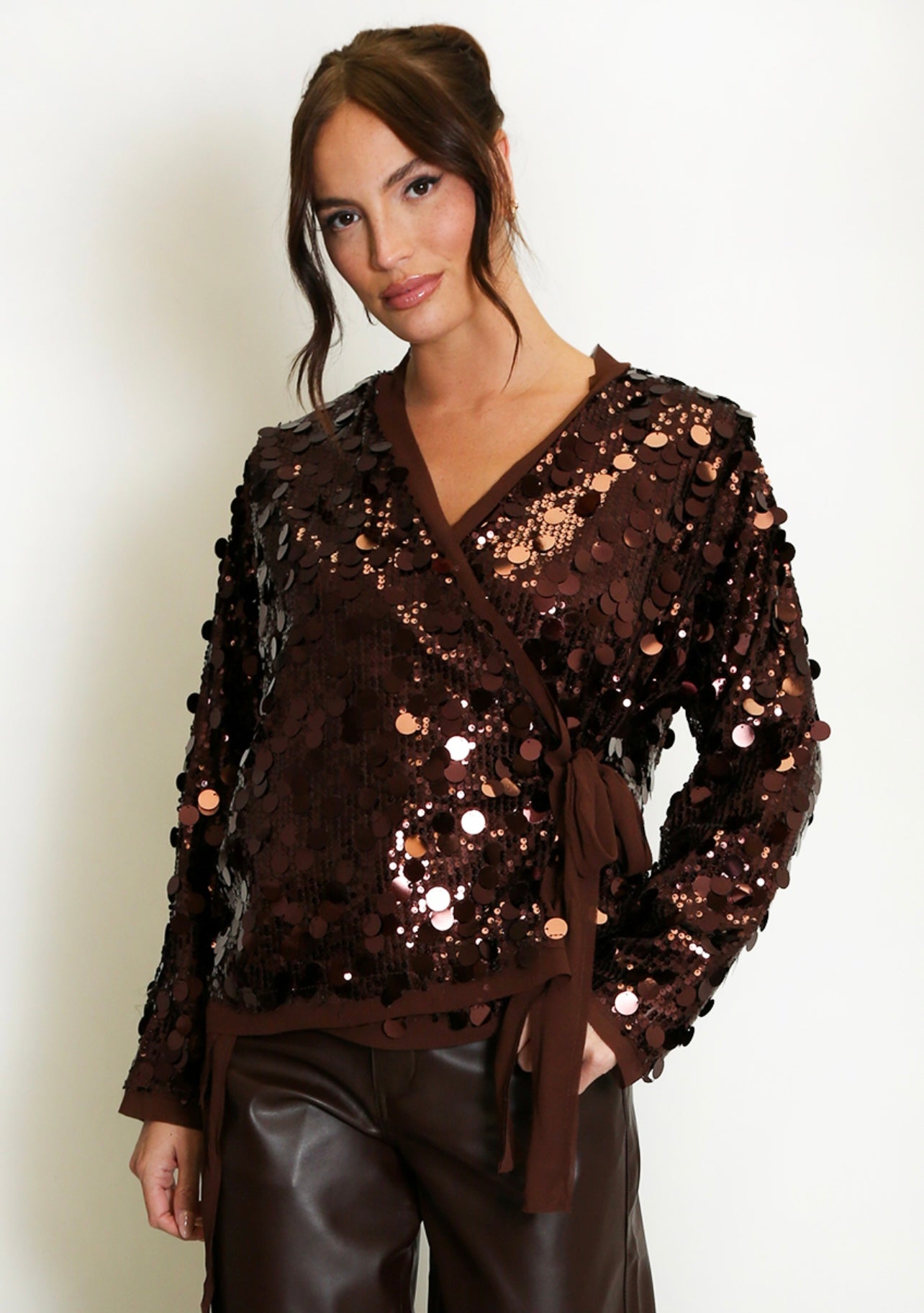 Brown Disc Sequin Wrap Blouse