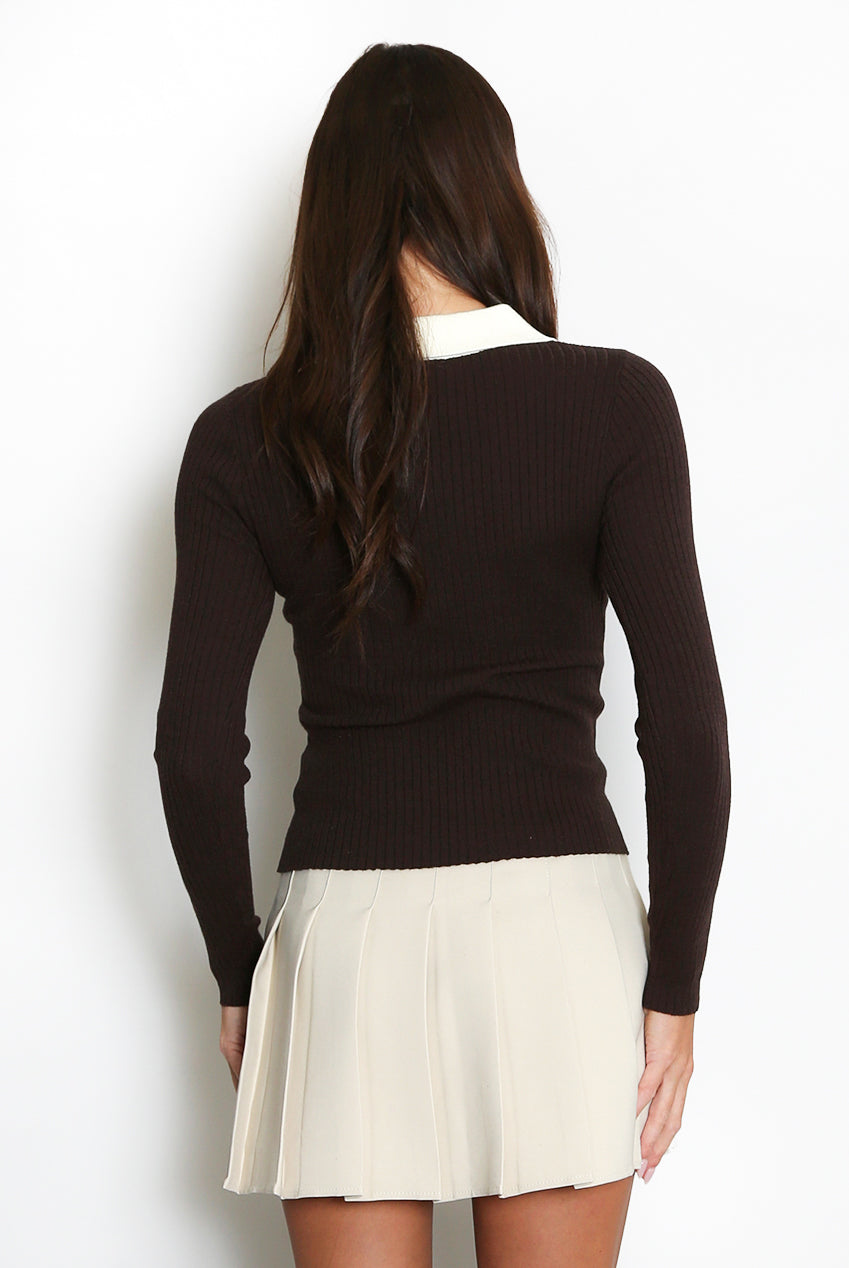Brown Fine Knit Contrast Collar Top