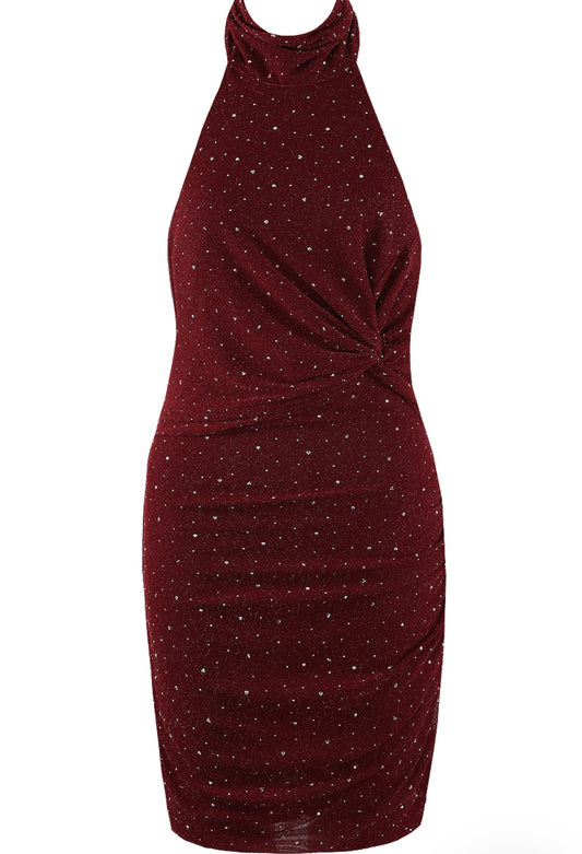 Wine Stud Embellished Halter Neck Mini Dress