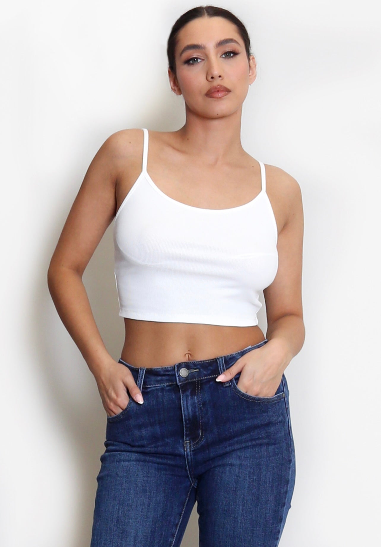 White Ribbed Square Neck Crop Top