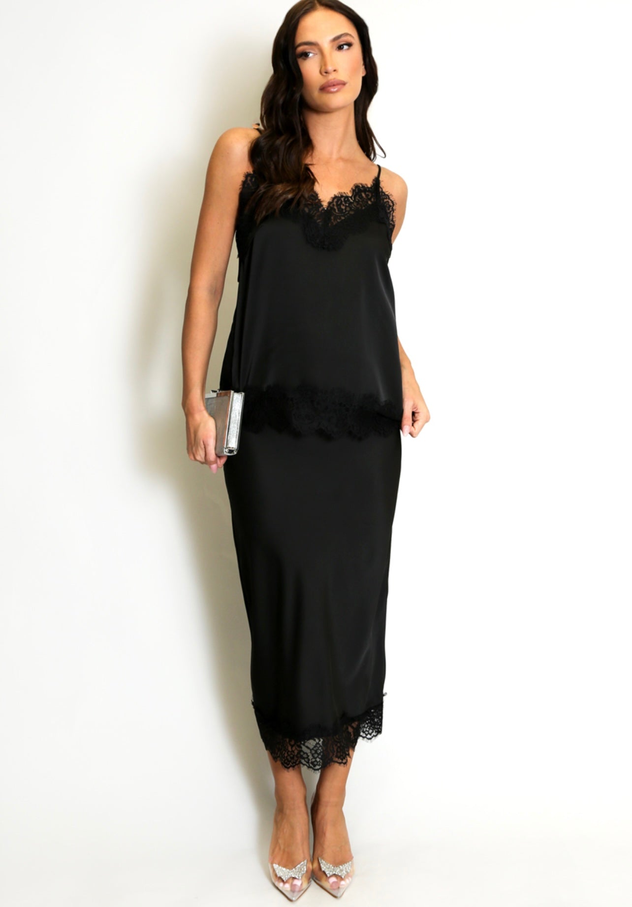 Black Lace Hem Satin Skirt