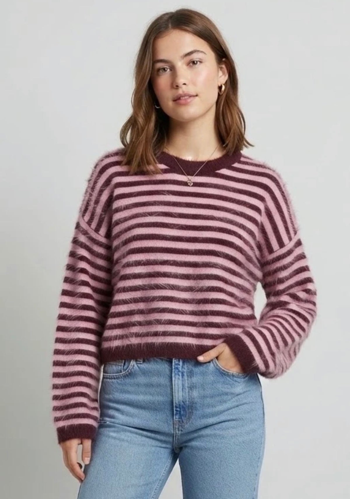 Burgundy Fluffy Knit Striped Jumper