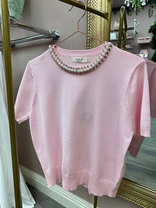 Baby Pink Pearl Detail Knit Top